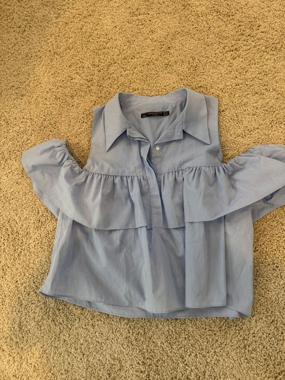 Zara Light Blue Cold-Shoulder Ruffle Blouse